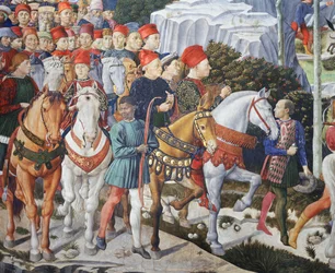 Piero de#39;Medici (på et muldyr), Cosimo de#39;Medici (i midten) og hertug Salviati (til hesteryggen), detalj fra syklusen De vise menns reise i kapellet, ca. 1460 (freske)