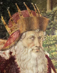 Procession of the Magi av Benozzo Gozzoli (1420-1497), fersk. Detalj. Kapellet til Palazzo Medici Riccardi, Firenze.