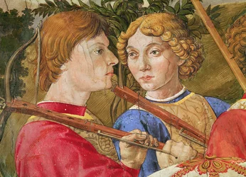 De hellige tre kongers prosesjon, prosesjon ledet av Lorenzo den praktfulle i skikkelse av magikeren Kaspar, detalj av hodene til to armbrøstskyttere, 1459-1462