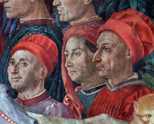 The Journey of the Magi Cortege of the Magi of Jerusalem a Bethleem “” Viaggio dei Magi”” eller “” Cavalcata dei Magi””” (detalj av ansikter i cortege of the Magi Magi) Fresco av Benozzo Gozzoli (1420-1497)