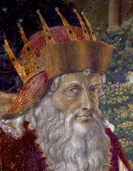 The Journey of the Magi. Cortege of the Magi of Jerusalem i Betlehem kalt "Viaggio dei Magi" eller "Cavalcata dei Magi" på italiensk. Detalj som representerer Joseph Patriarch av Konstantinopel mellom 1261 og 1276. Fresco of the Chapel of the Magi av Benoz