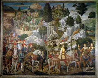 The Journey of the Magi. Cortege of the Magi of Jerusalem i Bethleem kalt "Journey of the Magi" eller "Cavalcade of the Magi" på italiensk. Landskapsdetalj. Freskomaleri av østveggen til kapellet til magiene i Benozzo di Lese av Sandro dit Benozzo Gozzoli 