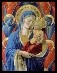 Jomfru og barn med engler, ca. 1460 (bladgull og tempera på trepanel)