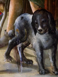 Hund, detalj fra Jesus fødsel, ca 1470, maleri av Benvenuto di Giovanni, tempera på panel