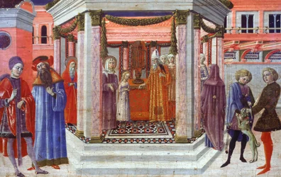 Presentasjon av Maria ved tempelet, detalj av predella av Benvenuto di Giovanni (1436-1518)