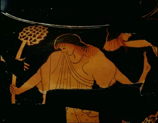 Attic rødfigur stamnos dekorert med en scene av en maenade som river i stykker Pentheus i et dionysisk offer, funnet ved Cerveteri, ca. 490-480 f.Kr. (keramikk)