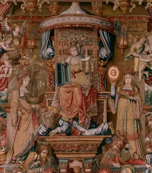 flamsk billedvev. Serien The Honours. Tro (La Fe). Første billedvev i serien. Modelltegnere fra kretsen til Bernard van Orley og Jan Gossaert (Mabuse). Produksjon Pieter van Aelst, Brussel. Ca 1550. Stoff Gull, sølv, silke og ull.