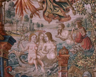 flamsk billedvev. Serien The Honours. Berømmelse (La Fama). Tredje billedvev i serien. Modelltegnere fra kretsen til Bernard van Orley og Jan Gossaert (Mabuse). Produksjon Pieter van Aelst, Brussel. Ca 1550. Stoff Gull, sølv, silke og ull.