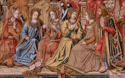 flamsk billedvev. Serien The Honours. Ære (El Honor). Andre billedvev i serien. Modelltegnere fra kretsen til Bernard van Orley og Jan Gossaert (Mabuse). Produksjon Pieter van Aelst, Brussel. Ca 1550. Stoff Gull, sølv, silke og ull.