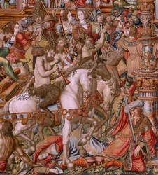 flamsk billedvev. Serien The Honours. Infamy (La Infamia). Sjette billedvev i serien. Modelltegnere fra kretsen til Bernard van Orley og Jan Gossaert (Mabuse). Produksjon Pieter van Aelst, Brussel. Ca 1550. Stoff Gull, sølv, silke og ull.