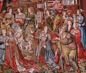 flamsk billedvev. Serien The Honours. Rettferdighet (La Justicia, Los Honores). Niende billedvev i serien. Modelltegnere fra kretsen til Bernard van Orley og Jan Gossaert (Mabuse). Produksjon Pieter van Aelst, Brussel. Ca 1550. Stoff Gull, sølv,