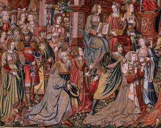 flamsk billedvev. Serien The Honours. Rettferdighet (La Justicia, Los Honores). Niende billedvev i serien. Modelltegnere fra kretsen til Bernard van Orley og Jan Gossaert (Mabuse). Produksjon Pieter van Aelst, Brussel. Ca 1550. Stoff Gull, sølv,
