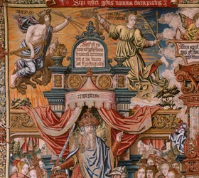 flamsk billedvev. Serien The Honours; Adel (La Nobleza). Fjerde billedvev i serien. Modelltegnere fra kretsen til Bernard van Orley og Jan Gossaert (Mabuse). Produksjon Pieter van Aelst, Brussel.Ca 1550. Stoff Gull, sølv, silke og ull