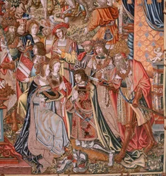 flamsk billedvev. Serien The Honours; Adel (La Nobleza). Fjerde billedvev i serien. Modelltegnere fra kretsen til Bernard van Orley og Jan Gossaert (Mabuse). Produksjon Pieter van Aelst, Brussel. Ca 1550. Stoff Gull, sølv, silke og woo