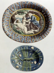 Gud skaper Eva på Adams lår; Lizard - Keramiske retter, i "The work of Bernard Palissy" av C. Delange og C. Borneman, Paris