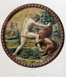 Samson kjemper mot løven - keramisk basrelieff, i "The work of Bernard Palissy" av C. Delange og C. Borneman, Paris