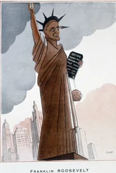 Tegneserie av Franklin Roosevelt i Frihetsgudinnen - Illustrasjon av Bernard Becan (Bernhard Kahn) (1890-1943) I "" Fantasio""" fra 01.12.1932