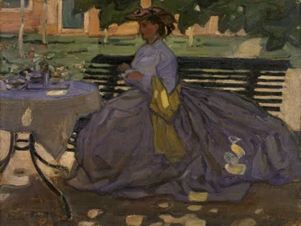 Kvinne sittende i en hage, ca. 1910 (olje på cavaer)