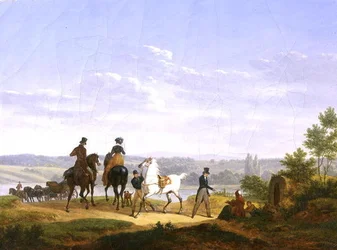 Landskap med figurer og hester