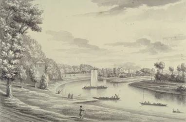 En vestlig utsikt over Hampton Court Ferry og Hampton Church at a Distance, 1731-33 (penn og svart blekk og vask på lagt papir)