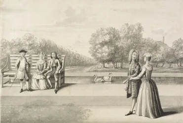 Figurer på bredden av Long Water, Hampton Court Palace (grå vask med penn og blekk over blyant på papir)
