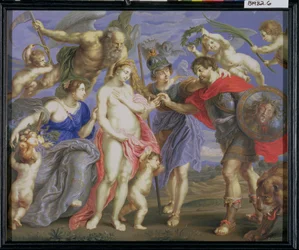 Mars introdusert av Minerva til anledning, akkompagnert av Ceres, etter et maleri av Peter Paul Rubens (1577-1640) (kroppsfarge og tyggegummi på vellum pakket rundt panel)