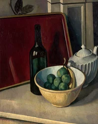 Stilleben med gul skål og frukt