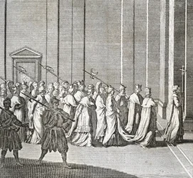 Ulike stadier av konklavet, møte med kardinaler for valg av en ny pave: kardinalenes inngang i det sixtinske kapell (Vatikanet: kardinalenes inngang) Gravering fra "Illustrasjon av seremonier og religiøse skikker for alle folkeslag