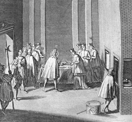 Ulike stadier av konklavet, møte med kardinaler for valg av en ny pave: valg av ny pave under konklavet i det sixtinske (Sistina) kapell, Vatikanet: maten sjekkes under konklavet) Gravering fra "Illustrasjon av religiøs cer