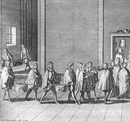 Ulike stadier av konklavet, møte med kardinalene for valg av en ny pave: rasjonene blir laget under konklavet (Vatikanet: ankomst av mat under konklavet) Gravering fra "" Illustrasjon av religiøse seremonier og skikker for alle mennesker