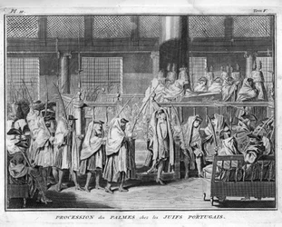 Jødedom: prosesjon av palmene feiret i det jødiske portugisiske samfunnet Gravering fra "" Illustration de ceremonies et customs religieuses de tous les peuples du monde"" av Bernard Picart (1723-1743) 1819 Privat samling