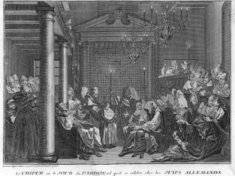 Jødedom: Chipur-festen blant tyske jøder (Yom Kippur, forsoningsdagen for det jødiske folk) Gravering fra "Illustrasjon av seremonier og religiøse skikker for alle verdens folk" av Bernard Picart (1723-1743) 1819 Privat samling
