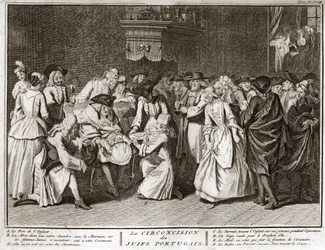 Jødedom: omskjæringsseremoni i det jødiske portugisiske samfunnet Gravering fra "" Illustrasjon av religiøse seremonier og skikker til alle verdens folk"" av Bernard Picart (1723-1743) 1819 Privat samling