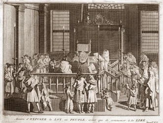 Jødedom: visning av Toraen i en synagoge før lesingen) Gravering fra "" Illustration de ceremonies et customs religieuses de tous les peuples du monde"" av Bernard Picart (1723-1743) 1819 Privat samling