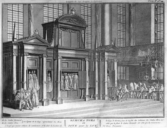 Jødedom: la fete de Sim'hat (simcha) Torah) (jødisk fest for Simchat Torah) Gravering fra "" Illustrasjon av religiøse seremonier og skikker til alle verdens folk"" av Bernard Picart (1723-1743) 1819 Privat samling