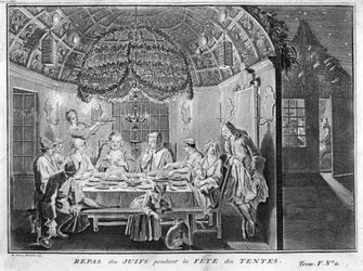 Jødedom: måltid for det jødiske folk under Sukkot (sukkot eller Sukkos) festen for tabernaklene eller løvhyttene) Gravering fra "" Illustration de ceremonies et customs religieuses de tous les peuples du monde" av Bernard Picart (1723-1743) 1819 Privat sam
