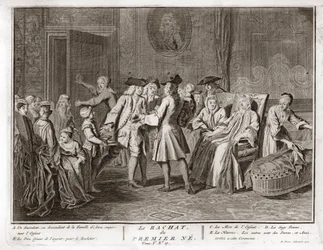 Jødedom: tradisjonen med forløsningen av den førstefødte sønnen, en mitzva i jødedommen hvor en jødisk førstefødt sønn blir forløst ved bruk av sølvmynter fra hans fødselstilstand av hellighet) Gravering fra “Illustration de ceremonies et customs religieus