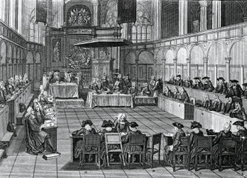 Protestantisk synode holdt i 1730 i Nieuwe Kerk (New Church) i Amsterdam, Nederland, gravering av Bernard Picart (1673-1733)