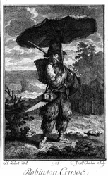 Representasjon av Robinson Crusoe på ørkenen hans. Gravering av Bernard Picart (1673-1733) som illustrerer romanen av Daniel Defoe eller De Foe (1660-1731)