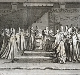 Høytidelig innsettelse i pontifikatet: «Fremstilling av pavens kroning» (pavelig innsettelse: pavens kroning). Stikk fra «Illustrasjon av seremonier og religiøse skikker hos alle verdens folk» av Bernard Picart (1723-1743).