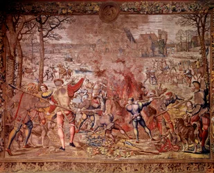 Jaktene til Maximilien kalt "Beautiful hunts of Guise": januar måned, Aquarius, villsvinjakt, flambee, kure - Tapet laget i de flamske verkstedene av Bernard van Orley (Barend, Barent, Bernaert van Brussel