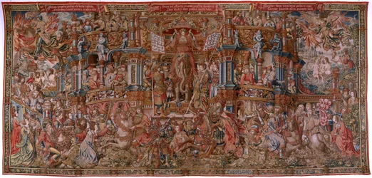 flamsk billedvev. Serien The Honours. Berømmelse (La Fama). Tredje billedvev i serien. Modelltegnere fra kretsen til Bernard van Orley og Jan Gossaert (Mabuse). Produksjon Pieter van Aelst, Brussel. Ca 1550. Stoff Gull, sølv, silke og ull.