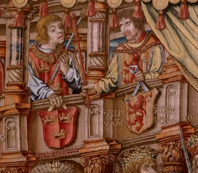 flamsk billedvev. Serien The Honours. Ære (El Honor). Andre billedvev i serien. Modelltegnere fra kretsen til Bernard van Orley og Jan Gossaert (Mabuse). Produksjon Pieter van Aelst, Brussel. Ca 1550. Stoff Gull, sølv, silke og ull.
