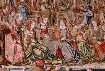 flamsk billedvev. Serien The Honours. Ære (El Honor). Andre billedvev i serien. Modelltegnere fra kretsen til Bernard van Orley og Jan Gossaert (Mabuse). Produksjon Pieter van Aelst, Brussel. Ca 1550. Stoff Gull, sølv, silke og ull.