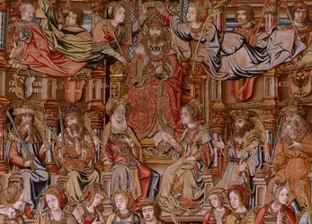 flamsk billedvev. Serien The Honours. Ære (El Honor). Andre billedvev i serien. Modelltegnere fra kretsen til Bernard van Orley og Jan Gossaert (Mabuse). Produksjon Pieter van Aelst, Brussel. Ca 1550. Stoff Gull, sølv, silke og ull.