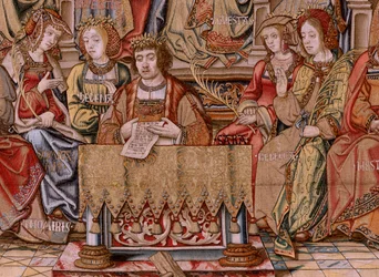 flamsk billedvev. Serien The Honours. Ære (El Honor). Andre billedvev i serien. Modelltegnere fra kretsen til Bernard van Orley og Jan Gossaert (Mabuse). Produksjon Pieter van Aelst, Brussel. Ca 1550. Stoff Gull, sølv, silke og ull.