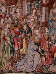 flamsk billedvev. Serien The Honours. Rettferdighet (La Justicia, Los Honores). Niende billedvev i serien. Modelltegnere fra kretsen til Bernard van Orley og Jan Gossaert (Mabuse). Produksjon Pieter van Aelst, Brussel. Ca 1550. Stoff Gull, sølv,