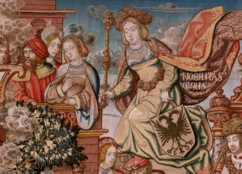 flamsk billedvev. Serien The Honours; Adel (La Nobleza). Fjerde billedvev i serien. Modelltegnere fra kretsen til Bernard van Orley og Jan Gossaert (Mabuse). Produksjon Pieter van Aelst, Brussel. Ca 1550. Stoff Gull, sølv, silke og woo