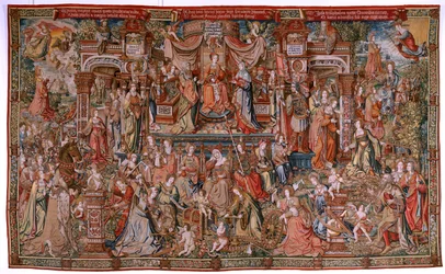 flamsk billedvev. Serien The Honours; Prudence (La Prudencia). Syvende billedvev i serien. Modelltegnere fra kretsen til Bernard van Orley og Jan Gossaert (Mabuse). Produksjon Pieter van Aelst, Brussel. Ca 1550. Stoff Gull, sølv, silke og w