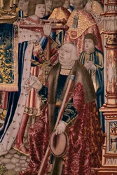 flamsk billedvev. Serie The Legend of the Madonna of the Sablon (The Legend of Our Lady of the Sablon). Ankomsten av statuen av Madonna. Produksjon av Brussel. Tegneserieskaper Barend van Orley